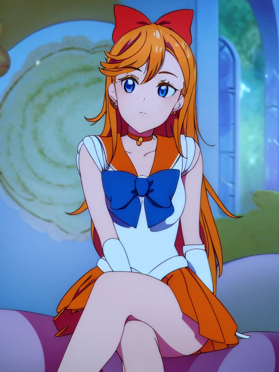 masterpiece, best quality, highres, venus1, 1girl, solo, sailor senshi uniform, sailor venus, aino minako, blonde hair, magical girl, blue eyes, orange skirt, elbow gloves, tiara, pleated skirt, hair bow, orange sailor collar, miniskirt, choker, red bow, orange choker, white gloves, very long hair,  jewelry,  earrings, sitting, crossed legs,