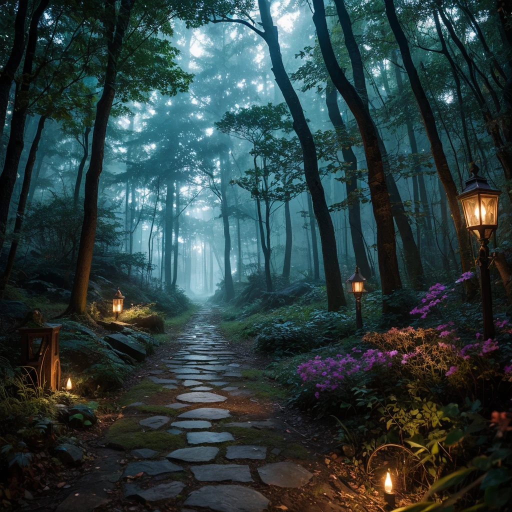 A magical forest at dawn, with a path leading to a glowing portal, symbolizing new opportunities and possibilities. A fairy-like creature stands by the portal, inviting the viewer to step through with the words "Believe in the Magic of New Beginnings" written in a whimsical font.