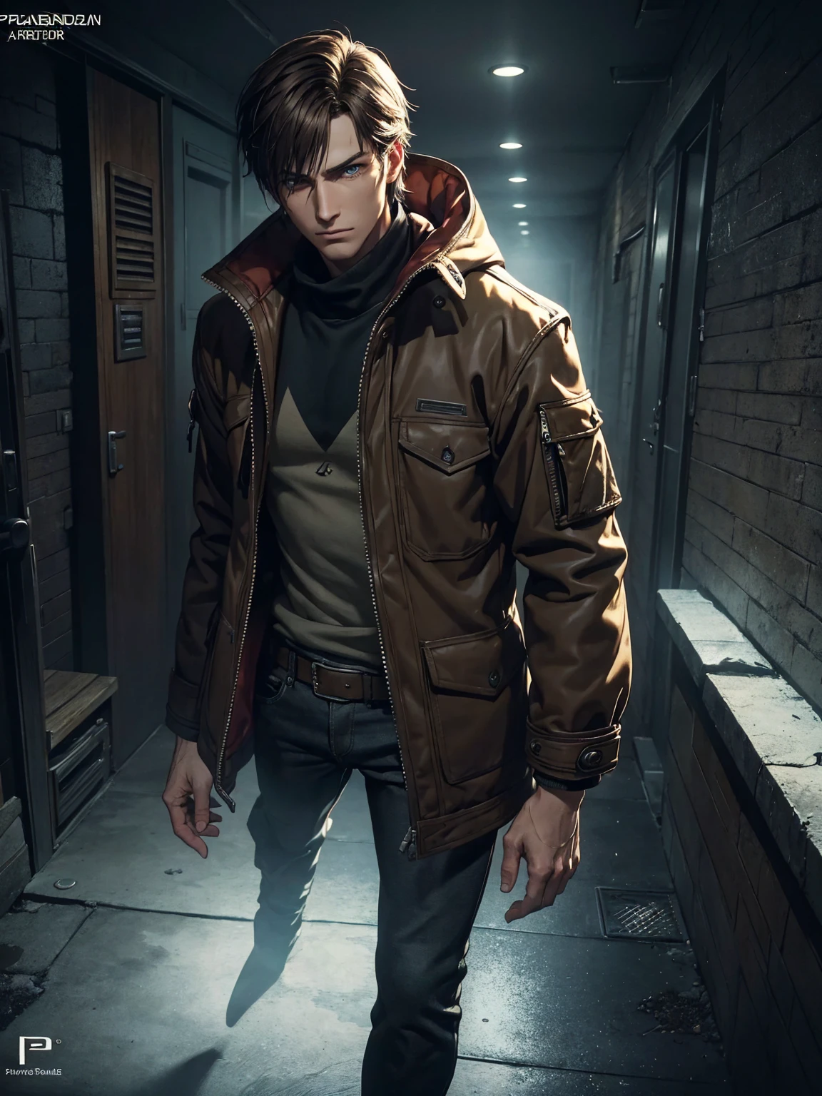 A Male (Name: Jack Parker, Sherpa Jackets, Handsome, Dark Ambience, Playstation 2 Graphic, Creepy, Silent Hill Vibes, Brunette, 