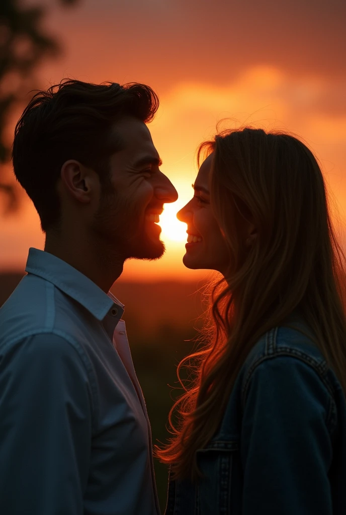 a happy, sunlit man in front and a woman as sad as the midnight rain behind