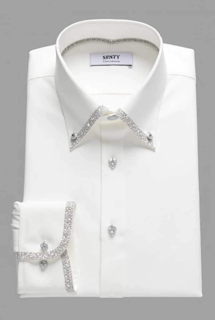 Imagine a white long-sleeved men's shirt with a shiny collar and cuffs. (beads and sequins only on the cuffs and collar)
