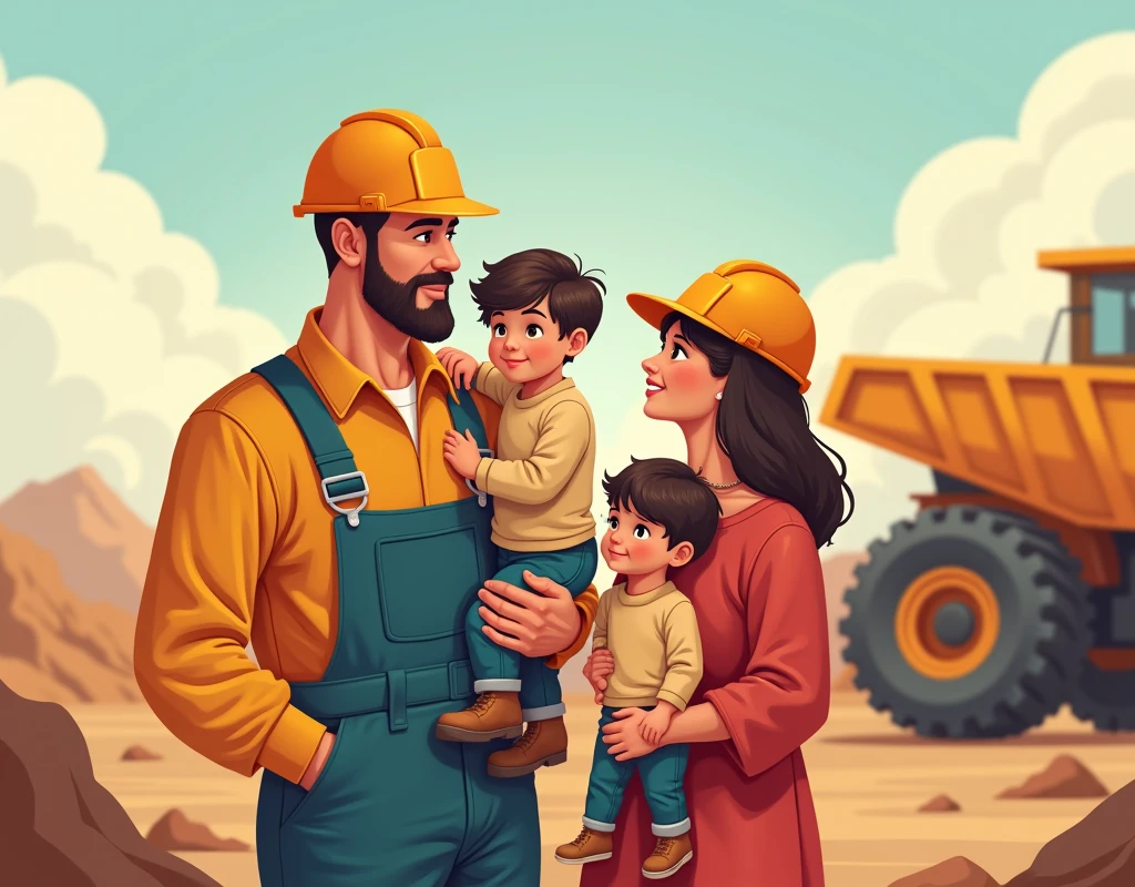 family illustration, Husband who works in mining with his 6--old ghter, his 3-year-oln ands wife, the four embraced and loved
