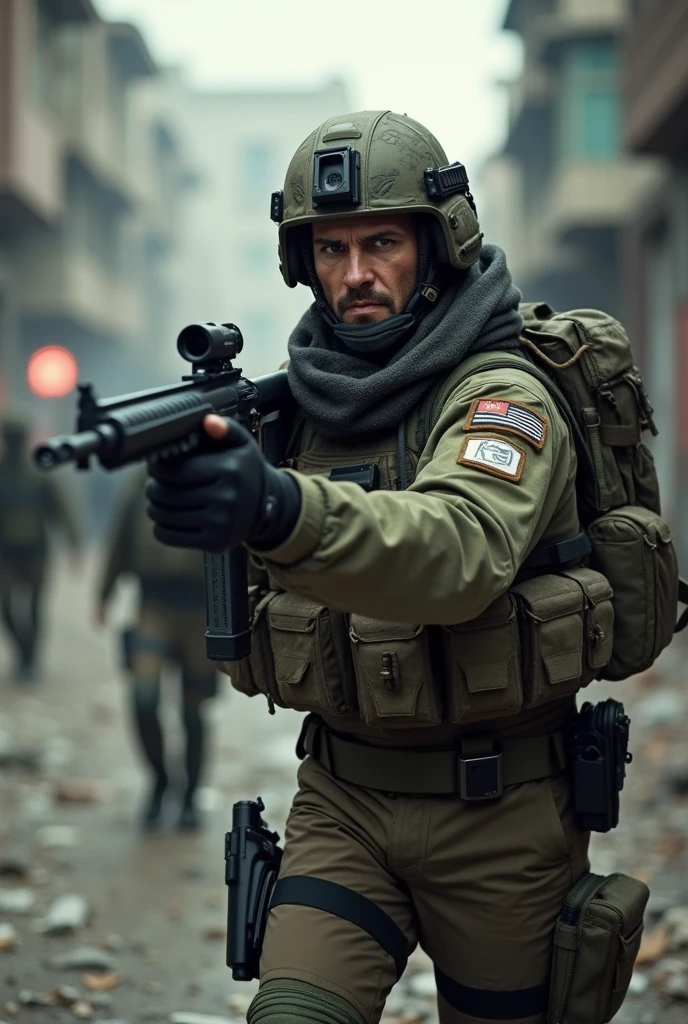 a soldier at war saving a hostage from terrorists, dramatic, realistic,