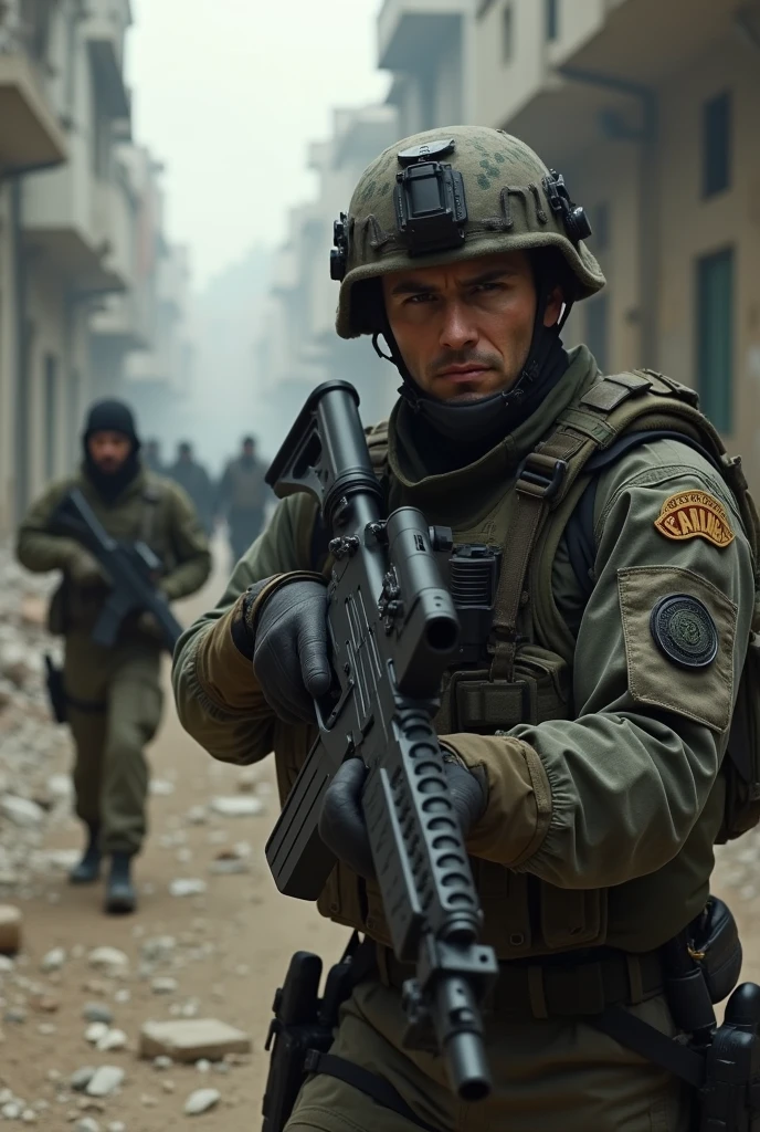 a soldier at war saving a hostage from terrorists, dramatic, realistic,