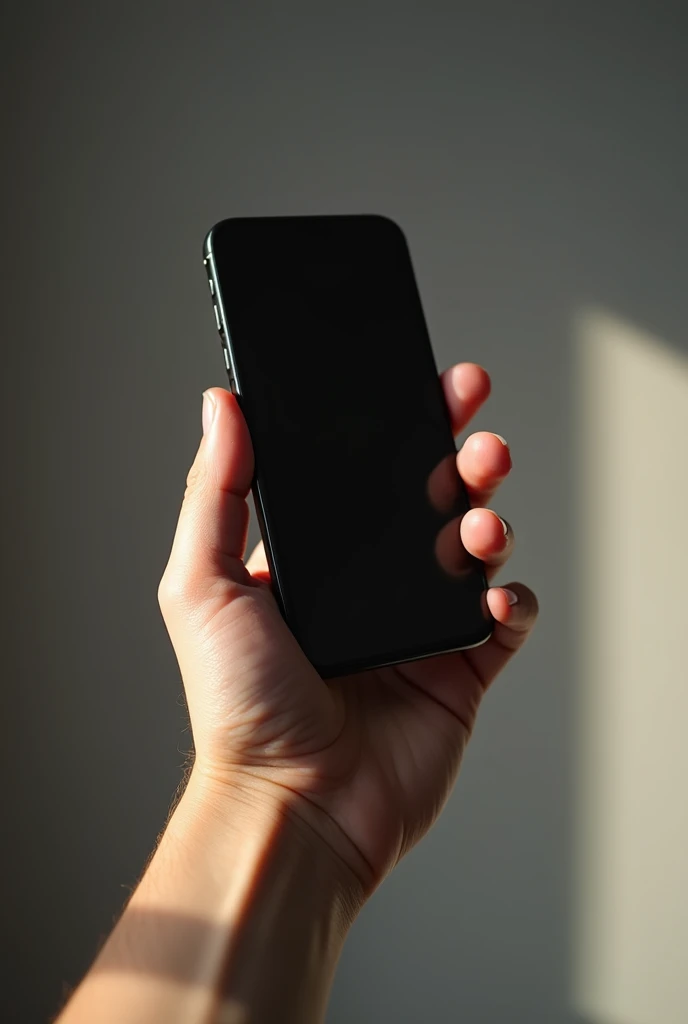 "A realistic human hand, slightly lit, image-centered, holding a modern iPhone. Fingers are naturally wrapped around the device, that is slim and elegant, with the iconic iPhone design. The phone screen is off, subtly reflecting the surrounding light. The background is neutral and out of focus, highlighting the hand and the iPhone. Light creates soft shadows, adding depth and dramatic touch to the scene. The skin of the hand has a natural texture, with visible details such as lines and folds, while the iPhone suggests sophistication and advanced technology in a connected world."









