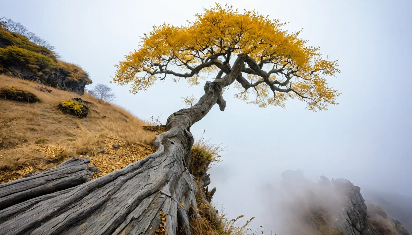 ((masterpiece, Fantasy,300kmの黄金の巨木がcliff下から生えている, An ancient tree trunk stretches up to the sky, Golden Leaf, Cloudy sky on background, hillの上から巨木を見上げるアングル)),cliff,hill, grassland, fog