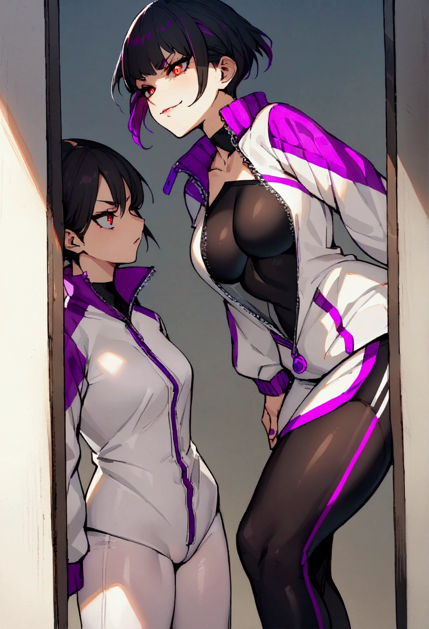 standing,Two girls,short hair,work of art,face detailed,beautiful young fitness woman with , in a gym wearing May with black pantyhose, white and purple tight short gym jacket. standing alone,red eyes glowing,Evil smile,legging preto ,labiaa,dark eye shadow,shining eyes,a hand leaning against the wall,neckleace,jacket zipper half open,Tight black shirt,white sports tennis shoes,short hair with purple details,beautiful curves,whole body,hair with purple details,labiaa,detailed face and eyes,work of art,sexy look,pefil from sideways,from sideways,confrontation,one hand between the thighs,pussy masturbaçao