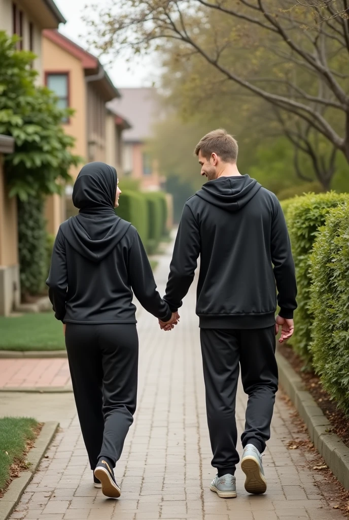 Headscarfed woman walking around the neighborhood with her husband, black sweatpants,  Barefoot woman shakes hands with male neighbor