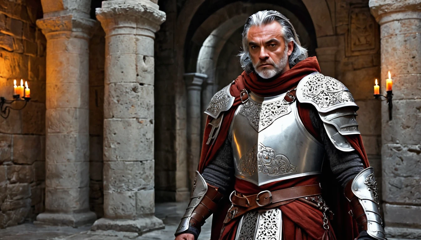 ((masterpiece, The silver armor is intricately decorated and not intended for combat.,Gorgeous filigree armor, Detailed fantasy armor,Has dark orange fur under the shoulder pads)), Inside a stone building, Stone slabs scattered on the floor, A muscular man in armor walking towards the front, dim, Gray Hair, Candles along the walls light up the room., He holds a large, twisted, dark red rapier in his hand., Wearing a dirty cloak, He wears a dirty dark red loincloth under his armor.,There are three small orange gems on the chest., One large white decorated shoulder pad