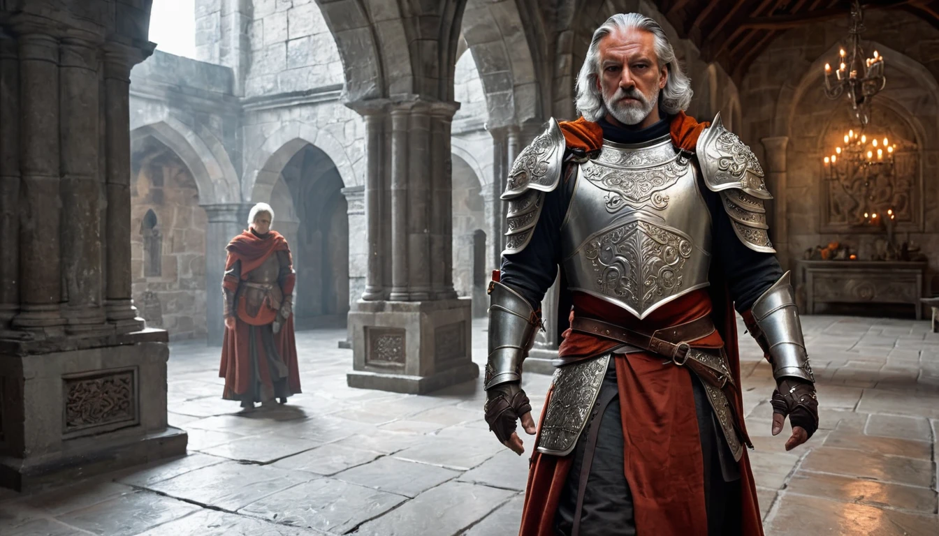 ((masterpiece, The silver armor is intricately decorated and not intended for combat.,Gorgeous filigree armor, Detailed fantasy armor,Has dark orange fur under the shoulder pads)), Inside a stone building, Stone slabs scattered on the floor, A muscular man in armor walking towards the front, dim, Gray Hair, Candles along the walls light up the room., He holds a large, twisted, dark red rapier in his hand., Wearing a dirty cloak, He wears a dirty dark red loincloth under his armor.,There are three small orange gems on the chest., One large white decorated shoulder pad