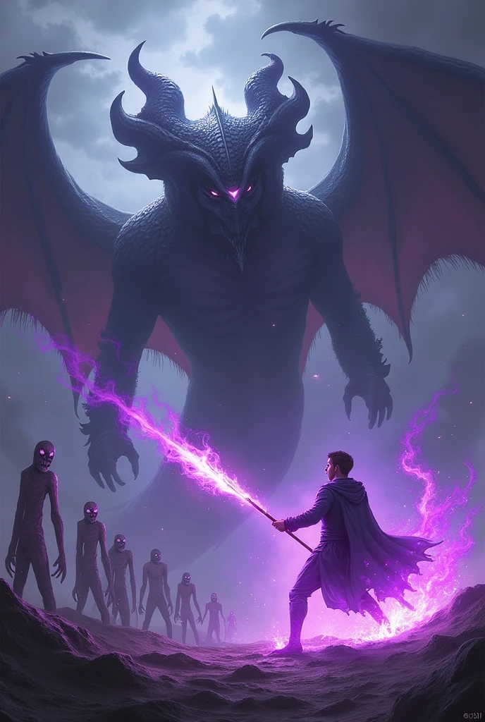 A young man with purple fire powers throwing fire spear at giant leviathan with a group of corpse and the leviathan are with wings and two heads