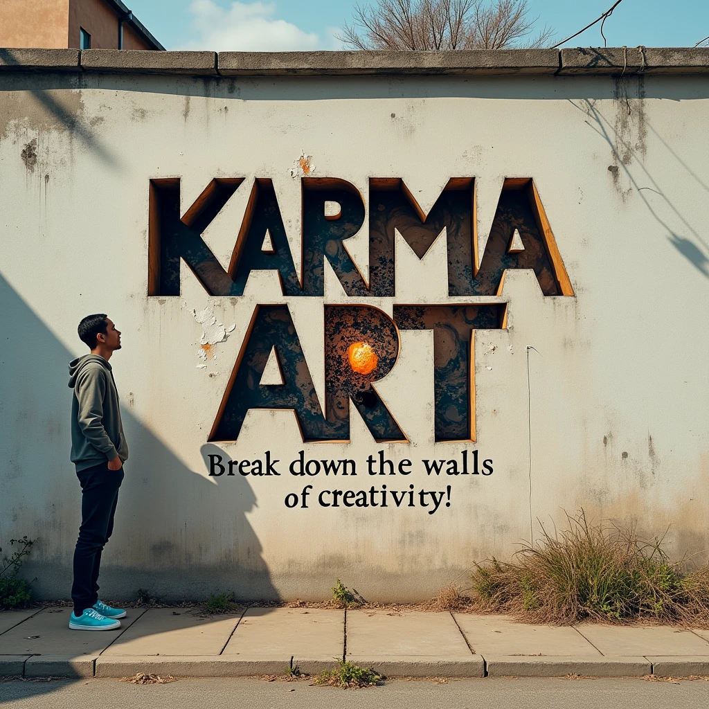 A poster on a deserted exterior wall, Cut into the shape of letters, (text:"karma art") The word, Big Bold, Draw inside the cutout, BREAK Art that inspires creators to create images, An aesthetic world that unfolds behind the characters, Add text to the bottom of the screen, (text:"Break down the walls of creativity!"), a young man standing beside it and smile to the camera.