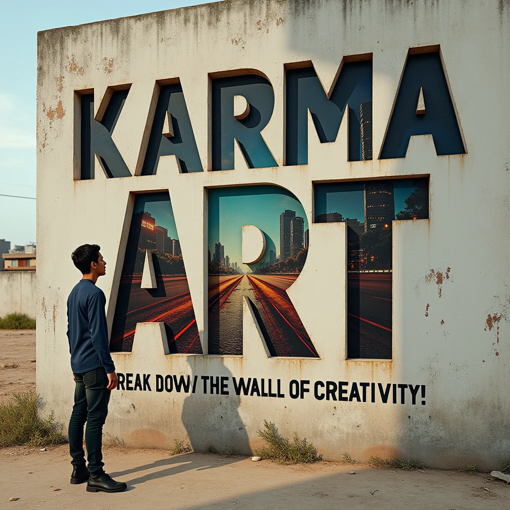 A poster on a deserted exterior wall, Cut into the shape of letters, (text:"karma art") The word, Big Bold, Draw inside the cutout, BREAK Art that inspires creators to create images, An aesthetic world that unfolds behind the characters, Add text to the bottom of the screen, (text:"Break down the walls of creativity!"), a young man standing beside it and smile to the camera.
