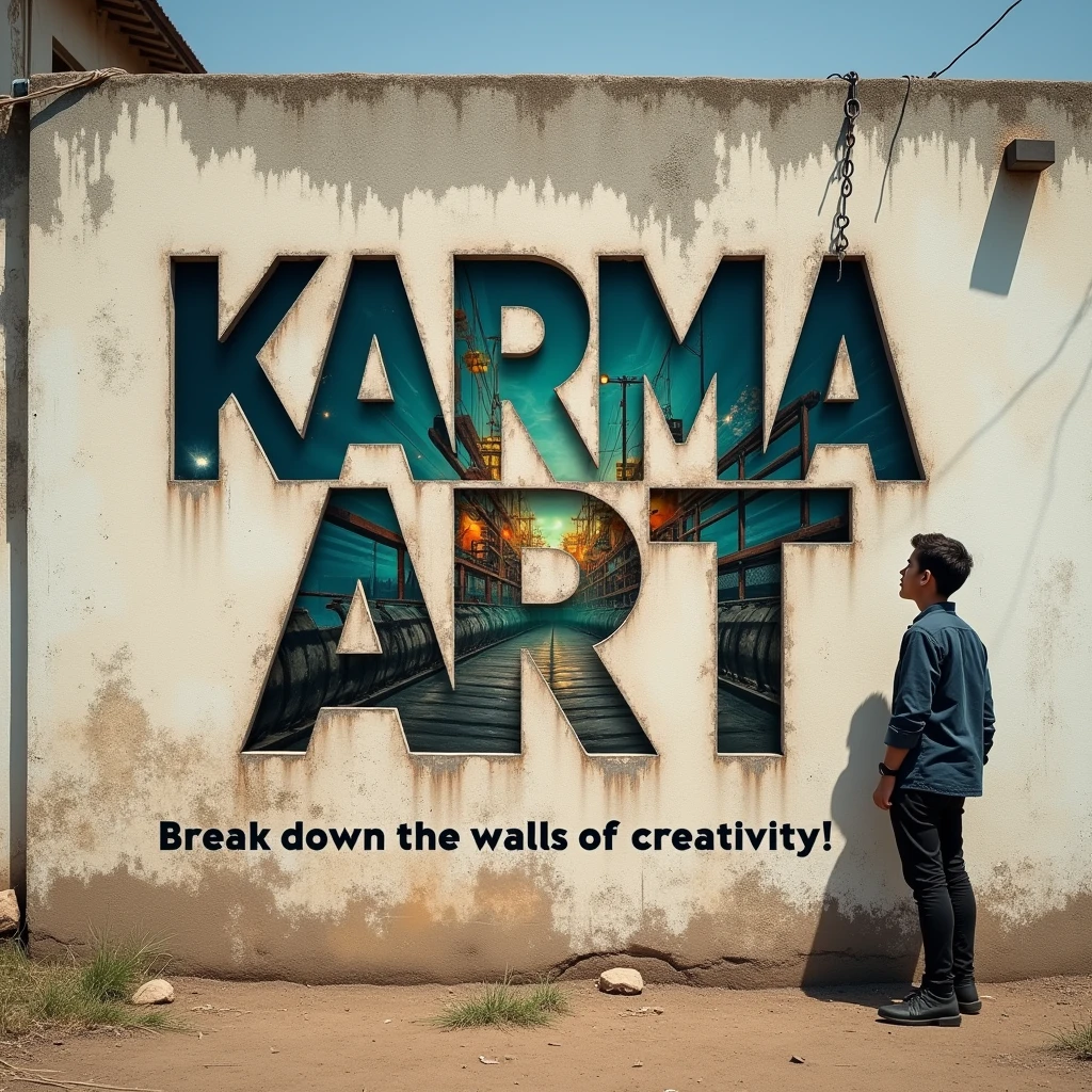 A poster on a deserted exterior wall, Cut into the shape of letters, (text:"karma art") The word, Big Bold, Draw inside the cutout, BREAK Art that inspires creators to create images, An aesthetic world that unfolds behind the characters, Add text to the bottom of the screen, (text:"Break down the walls of creativity!"), a young man standing beside it and smile to the camera.