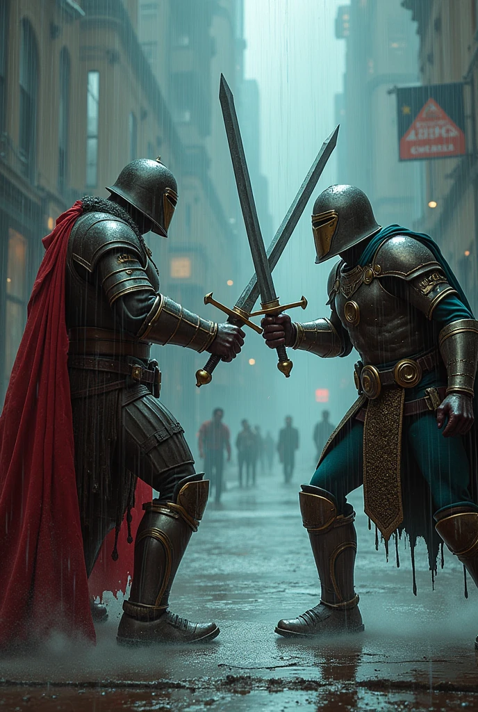 Calculon and Sir Titanius Anglesmith fighting in the rain in a sword duel
