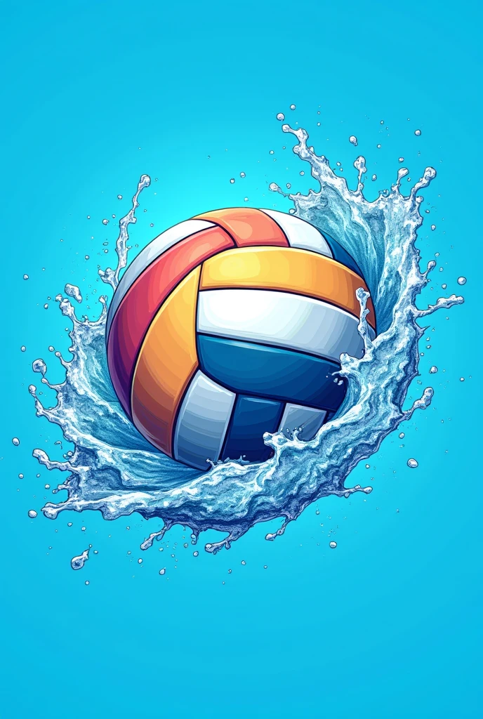 volleyball logo with water or ice surrounding it, bright blue background, dynamic, strong passion, splash, soft, full, water causes powerful water jet effect, generous, free