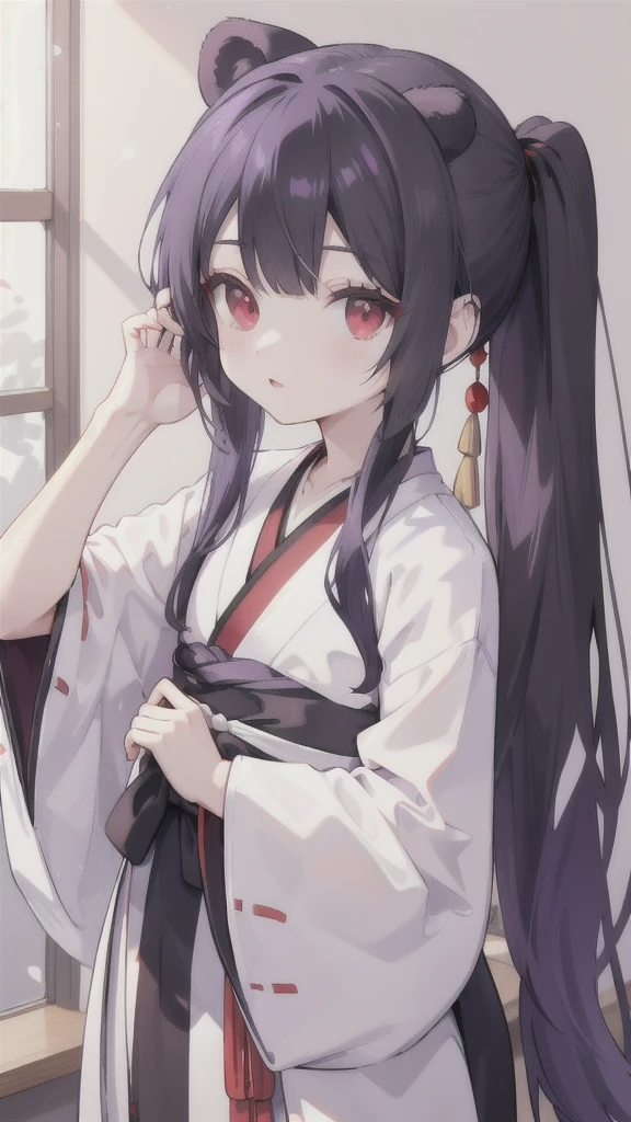 Black Bear,Black and white twin ponytails,Red eyes,petite body,purple hanfu