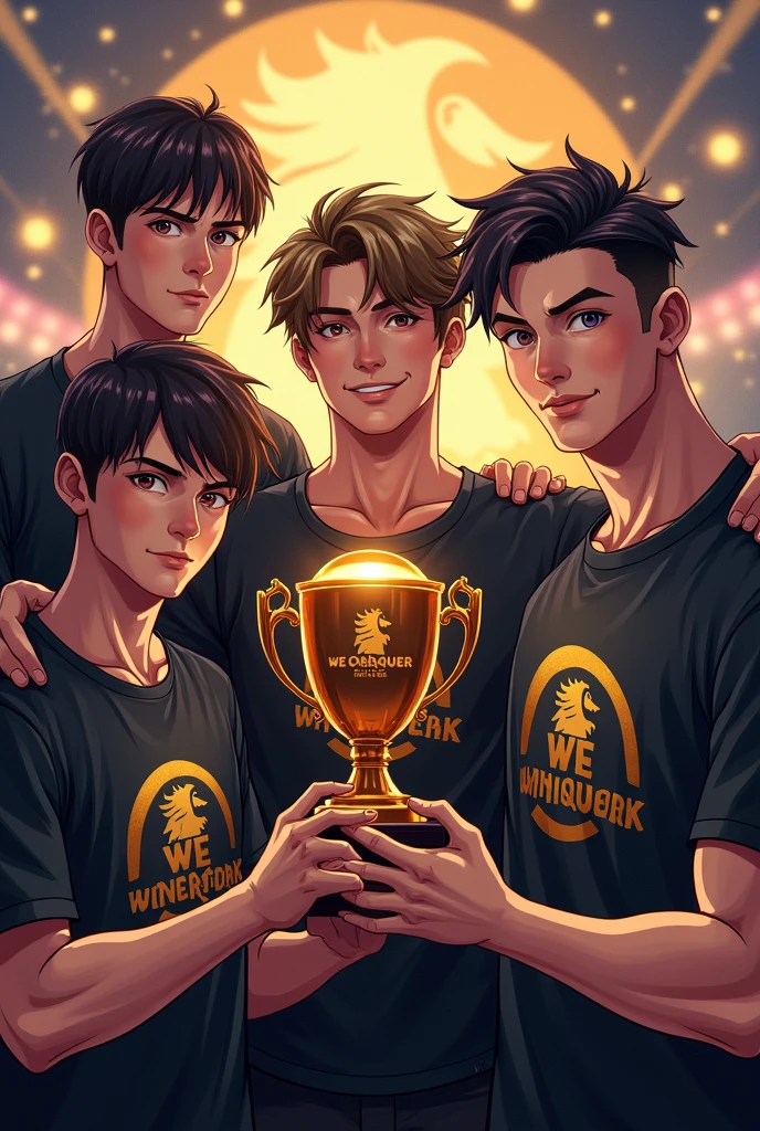 In the circle Four adult boys are showing pro trophy in passport size photo. Four adult boys have different hair colour, different hair style and muscle body. In the background same like gaming logo " we conquer". They are wearing expensive t-shirt and writing "We Conquer".