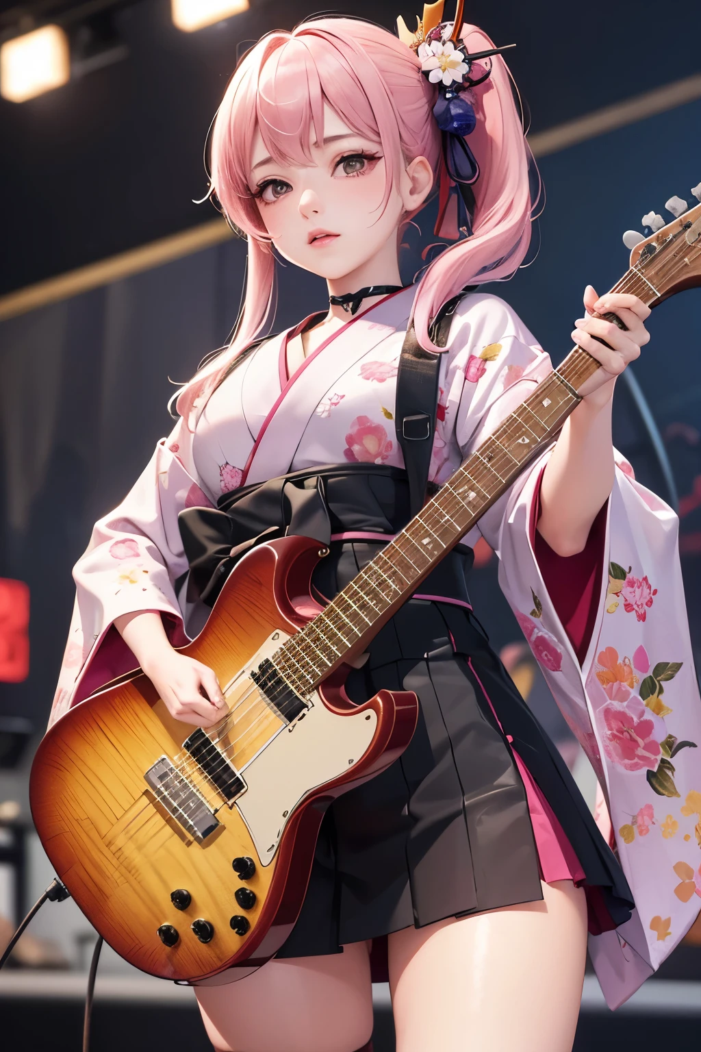 masterpiece, best quality, very detailed, high resolution, expensive resolution, high resolution, 4K, 8k, Unity 8k wallpaper, highly detailed CG, masterpiece, 2D, 3D, beautiful details, depth, fine texture, best quality: 1.3, perfect focus, crispy skin, he,
Very cute anime girl, girl playing guitar vocals in a band wearing a Japanese fancy floral haori hakama, on outdoor stage, full body, expensive pink and black short twin tail hair, mole under eye, looking at the viewer, expensive, blush, mole, lips open, , heart choker, pink eyes, guitar vocals, stage