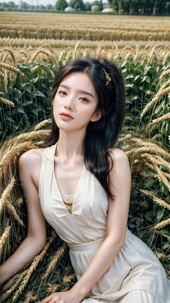 Korean woman, (masterpiece, beautiful people, Polluted smile), Virtual YouTube, Working in the countryside, (exist (Harvest the wheat: 1.4)), Fertilization, weeding, No makeup, No makeup, Country Girl, Ponytail, Delicate skin texture, Detailed fabric texture, Delicate face. masterpiece, Slim waist, slim.