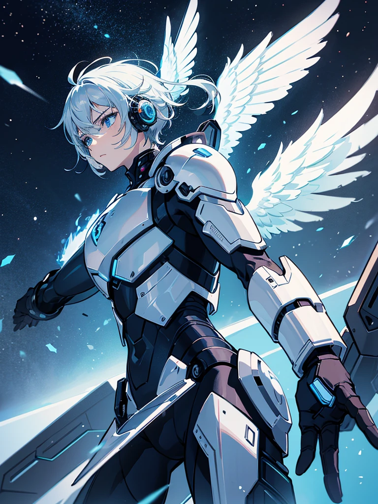 A man in futuristic technological armor with ologram-shaped angel wings and a fearless expression looking seriously forward
