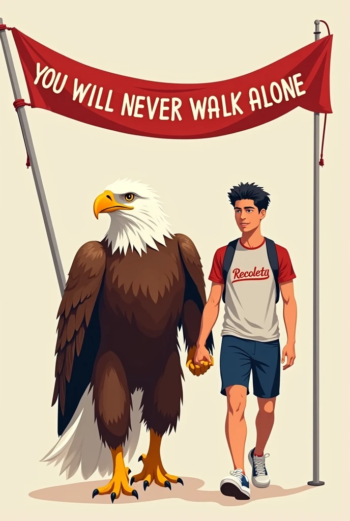 Banner that says "You will never walk alone" and next to it an image of a humanoid eagle walking hand in hand with a college student wearing a lead t-shirt that says Recoleta in red letters with navy blue shorts