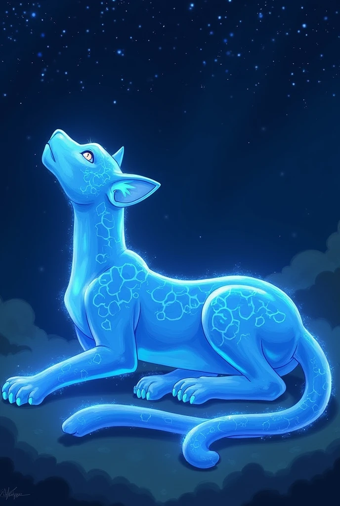 【prompt】This image contains、It depicts a glowing blue panther-like creature against a starry sky.。This creature is lying on its side, looking up.、From muscle definition and body pattern、It appears to be composed of celestial elements and energies.。The overall look has a mysterious and otherworldly feel.。 【style】Pokémon-like