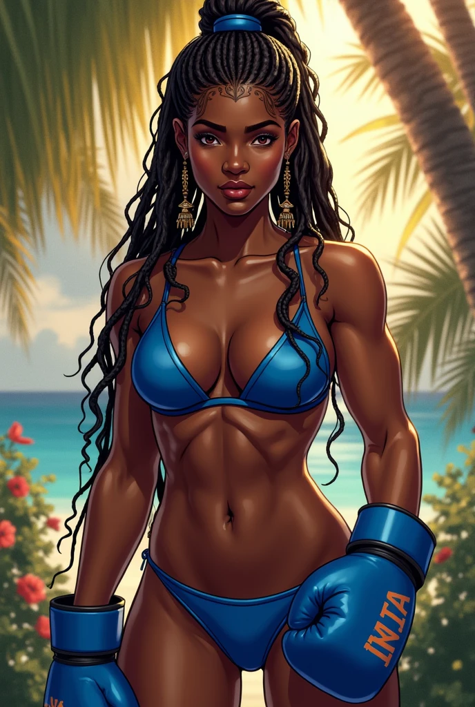  black skinned braid headed girl in blue bikini and blue boxing gloves 