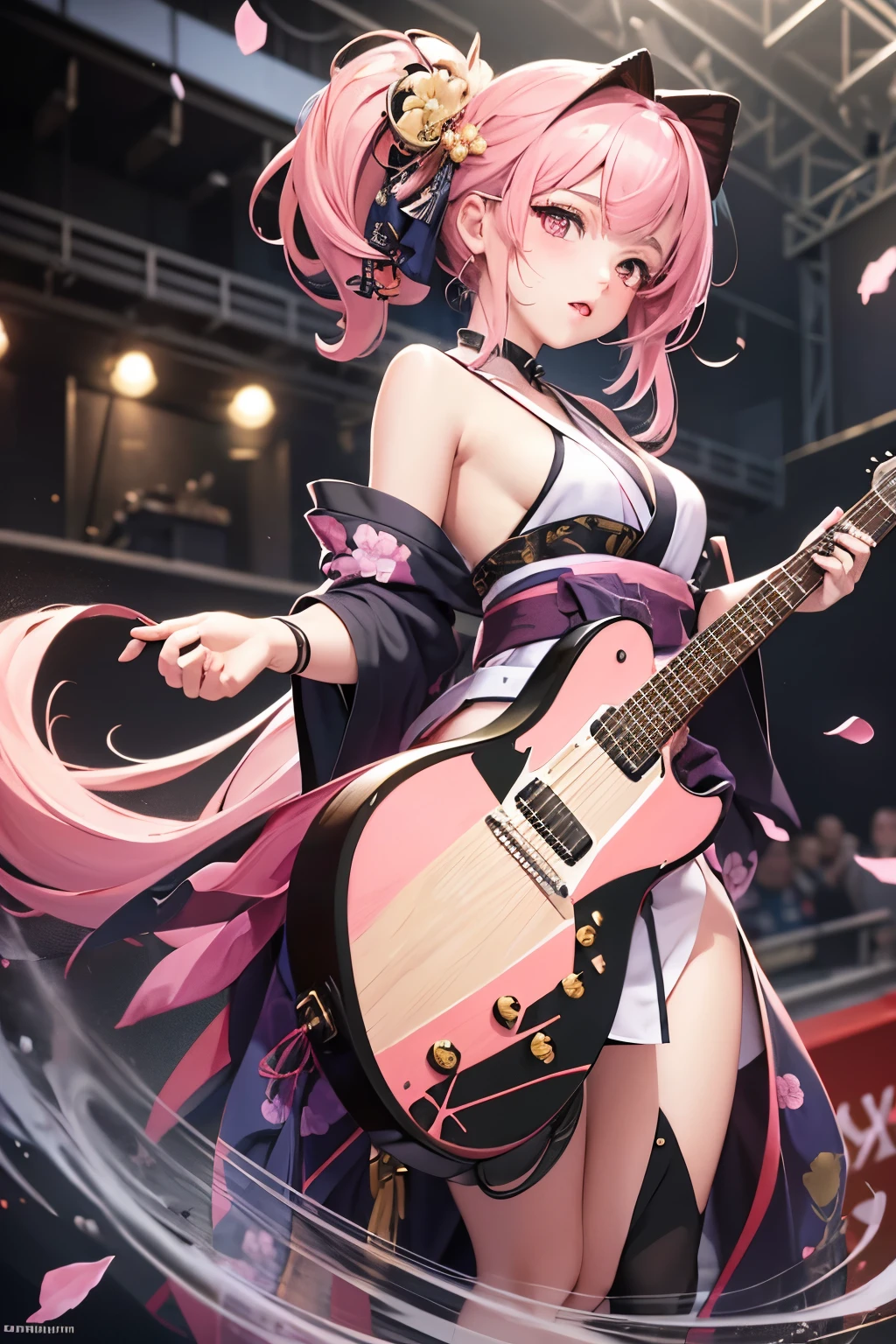 masterpiece, best quality, highly detailed, high resolution, expensive resolution, high resolution, 4k, 8k, Unity 8k wallpaper, highly detailed CG, masterpiece, 2d, 3d, beautiful details, depth, fine texture, best quality: 1.3, perfect focus, crispy skin, he, very cute heavy metal anime girl, girl wearing a Japanese fancy floral haori hakama singing with guitar vocals in a band, on an outdoor stage, full body, expensive pink and black short twin-tail hair, mole under eye, looking at the viewer, expensive, blush, mole, open lips,, heart choker, pink eyes, guitar vocals, stage, singing, microphone, heavy metal