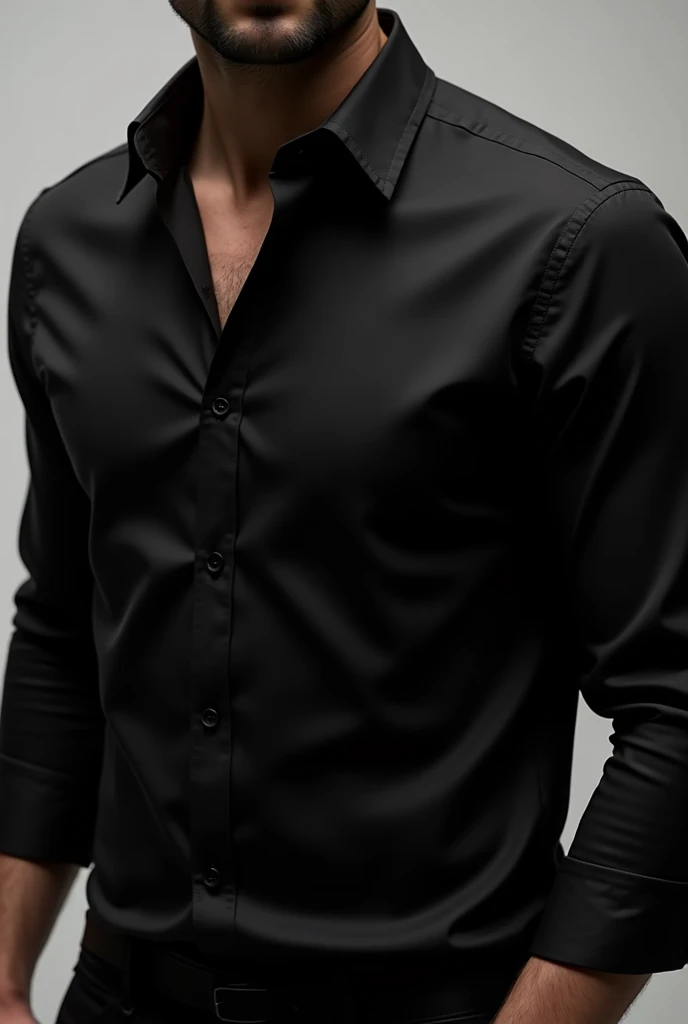 Imagine a long-sleeved black men's shirt with a shiny collar and cuffs.
