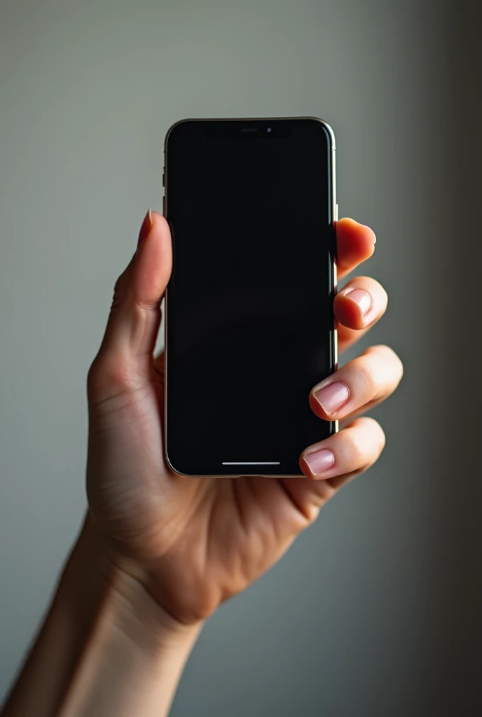 "A realistic human hand, slightly lit, image-centered, holding a modern iPhone. Fingers are naturally wrapped around the device, that is slim and elegant, with the iconic iPhone design. The phone screen is off, subtly reflecting the surrounding light. The background is neutral and out of focus, highlighting the hand and the iPhone. Light creates soft shadows, adding depth and dramatic touch to the scene. The skin of the hand has a natural texture, with visible details such as lines and folds, while the iPhone suggests sophistication and advanced technology in a connected world."