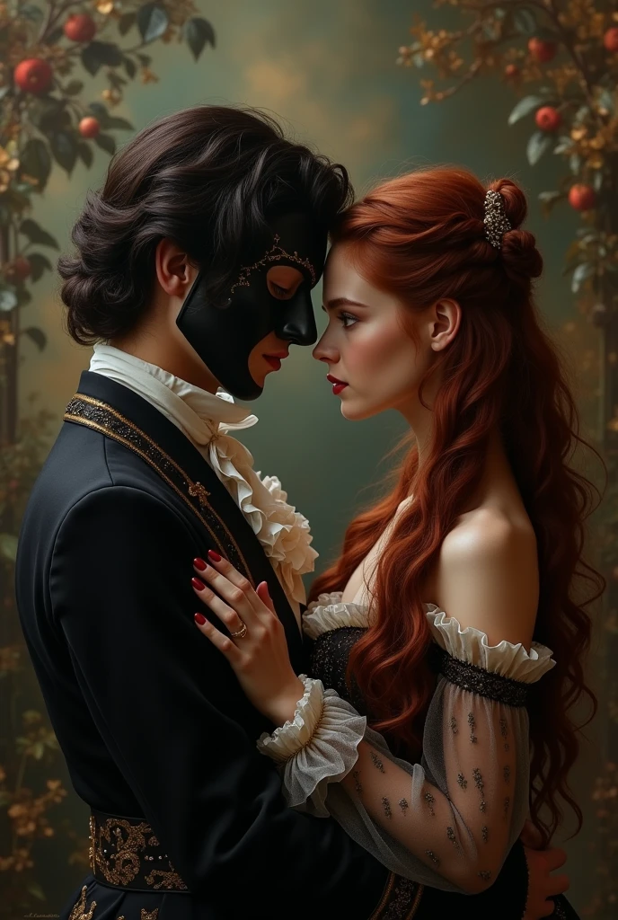 period romance inspired by beauty and the beast (19th century)
in the spotlight: naughty man (Can Yaman style) mascarado (black phantom of the opera style mask) dark hair, some scars on the hand and neck.
woman with long dark red loose hair, mais baixa que o naughty man, elegant period dress.

ao fundo uma floresta, fild, in neutral and warm tones 