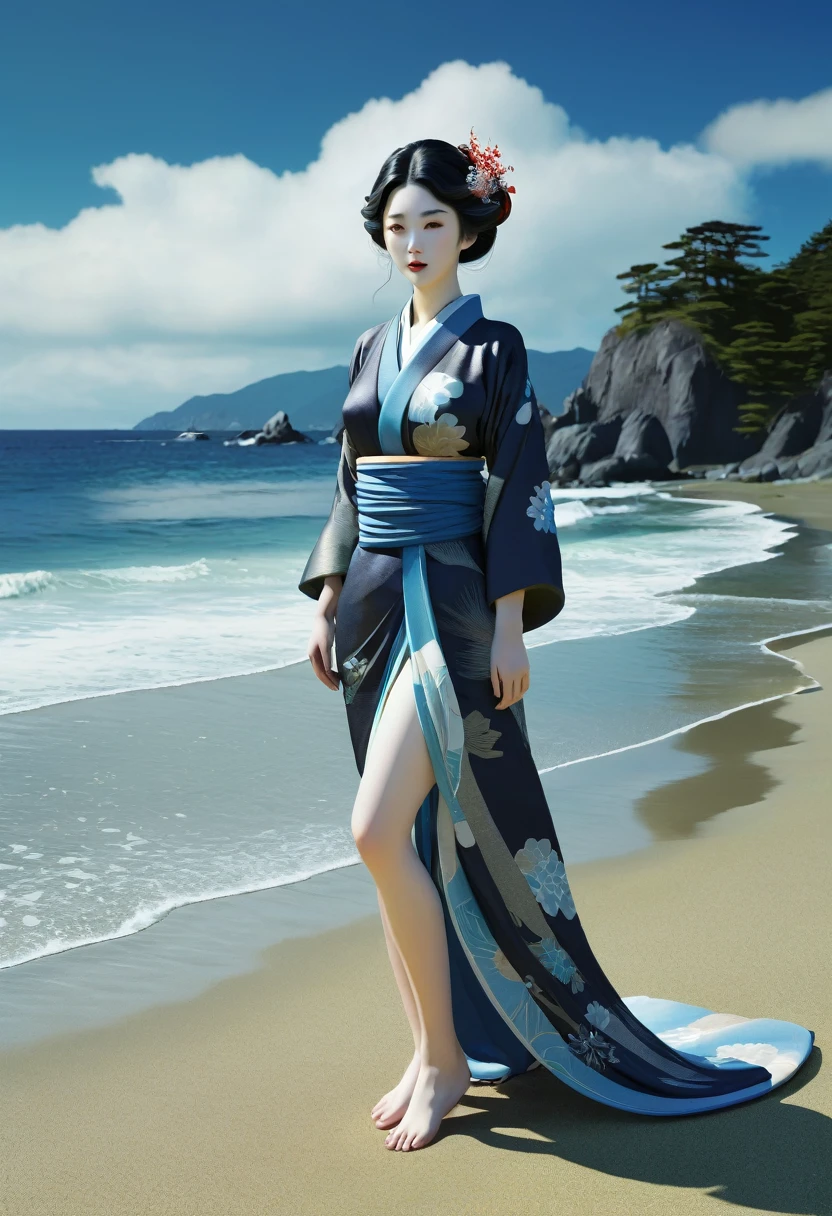 a figure resembling a woman on the beach by the sea, vibrant, ukiyo-e, dark fantasy, 3d render