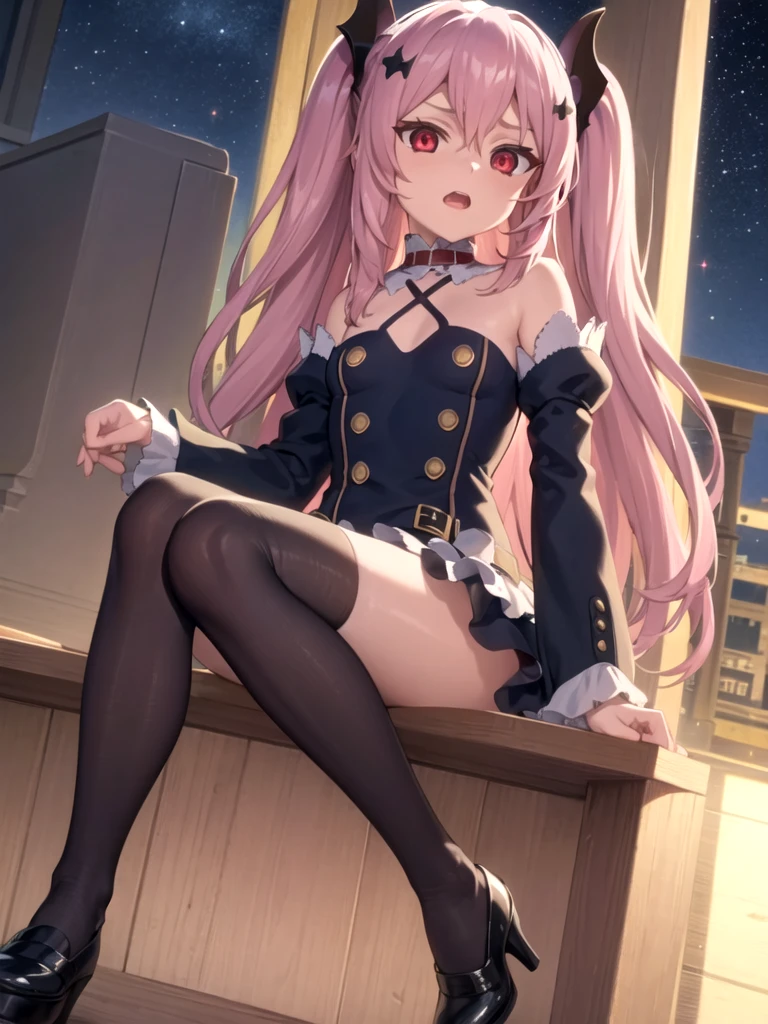 (masterpiece:1.4), beautiful detailed eyes:1.6, uper detailed skin:1.4,  (illustration:0.7), best quality, high resolution, unity 8k wallpaper, extremely detailed face, extremely detailed CG, (krul tepes, red eyes, long hair, pink hair, two side up, hair ornament, small breast, short stature, solo), beautiful clothes, sitting, very short skirt, lift skirt, white panties, show off panties, black shoes, white thighhighs, embarrassed, open mouth, night, in the beach, Night view, Starry sky, looking at viewer,　