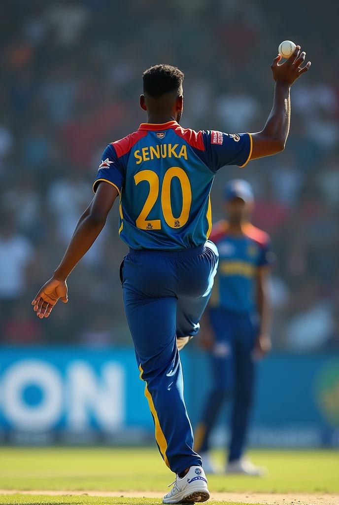 Make a relestic image of a men cricketer wearing a sri lankan jersey , jersey number 20 , showing the jersey name and the number back of the t shirt while bowling , jersey name senuka , make a realistic image of a sri lankan one