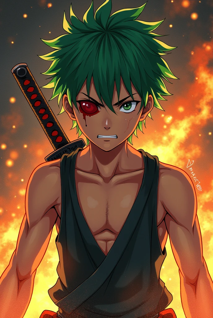1 boy, wanostyle, roronoa zoro, angry look, katana, (one eye closed), eye scar, green hair. alone, upper body, (((masterpiece))), ((best quality)), full body (extremely detailed), watercolor, illustration, depth of field, sketch, deep dark shadows, sharp focus, soft lighting, hdr, colorful, good composition, spectacular, fire everywhere, black eyes, in a swimsuit