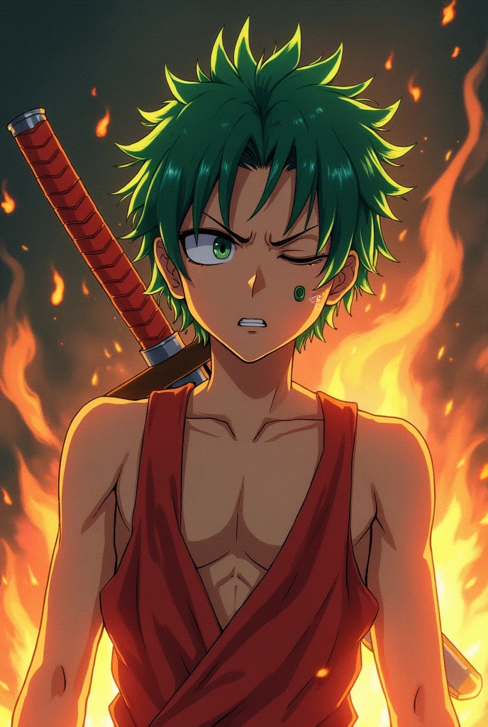 1 boy, wanostyle, roronoa zoro, angry look, katana, (one eye closed), eye scar, green hair. alone, upper body, (((masterpiece))), ((best quality)), full body (extremely detailed), watercolor, illustration, depth of field, sketch, deep dark shadows, sharp focus, soft lighting, hdr, colorful, good composition, spectacular, fire everywhere, black eyes, in a swimsuit