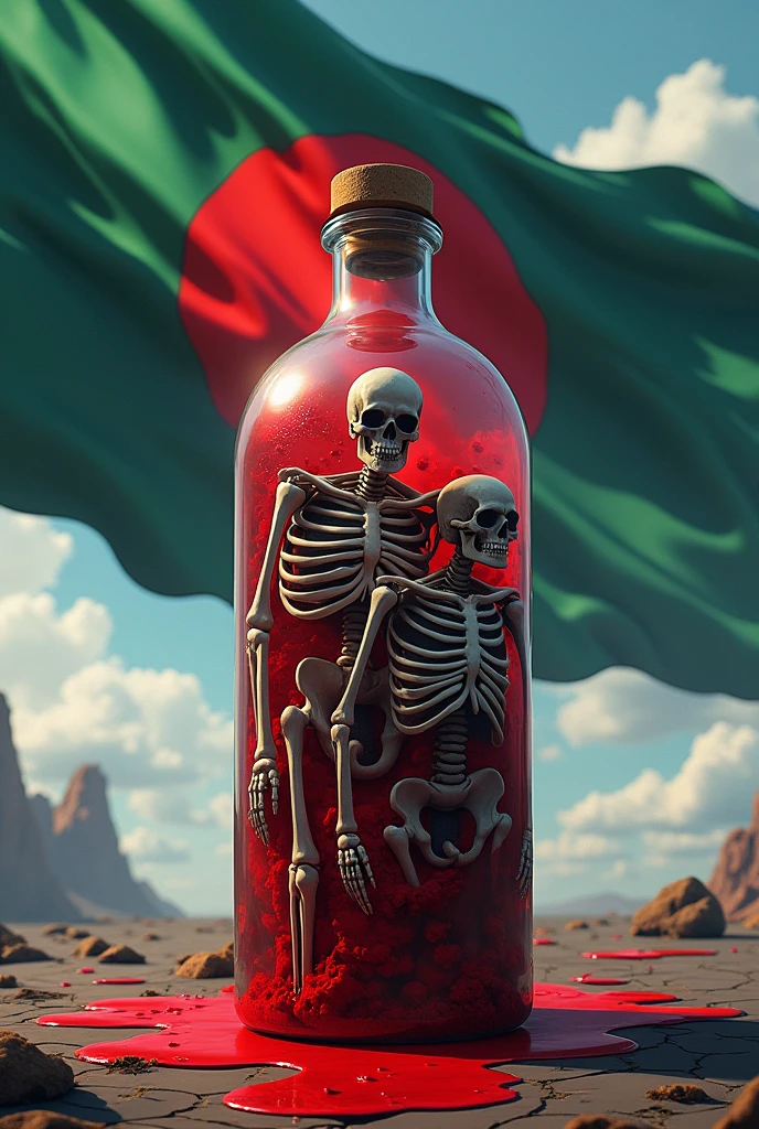 Many people have a bottle of red blood filled with skeletons and lations. The national flag of Bangladesh is flowing behind the bottle. There are very wind on tha background anime fanart