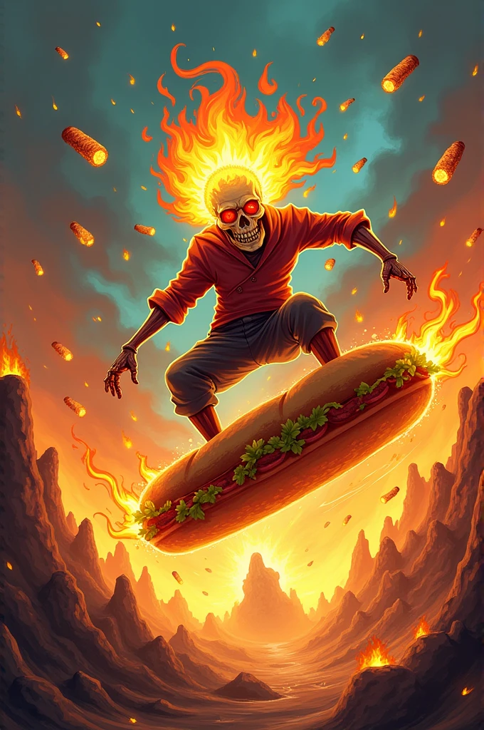 Skull chef on fire surfing on a sandwich while talking "fire hair snacks"_