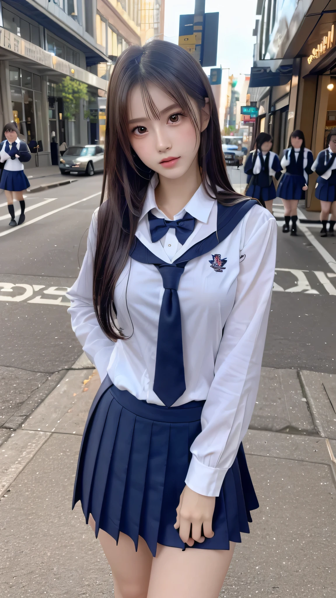 in 8K，photos realistic (1 Cute Idol ) low-tied long hair, Thin makeup, Medium chest size, Close-up portrait, nffsw、Punk Girl、Pendants,breasts deep cleavage、FULL BODYSHOT、beauty legs、Beautiful legs、16-year-old ,(Super beautiful girl:1.5)、(A detailed face)、Adult face、Bare legs, thighs、a closeup、full body Esbian、Nasty eyes、((Random poses:1.5)),((full shot:1.5)),((beautiful skin:1.5)) ,,((School uniform:1.5)),((Around town)),((Date in the city:1.5))