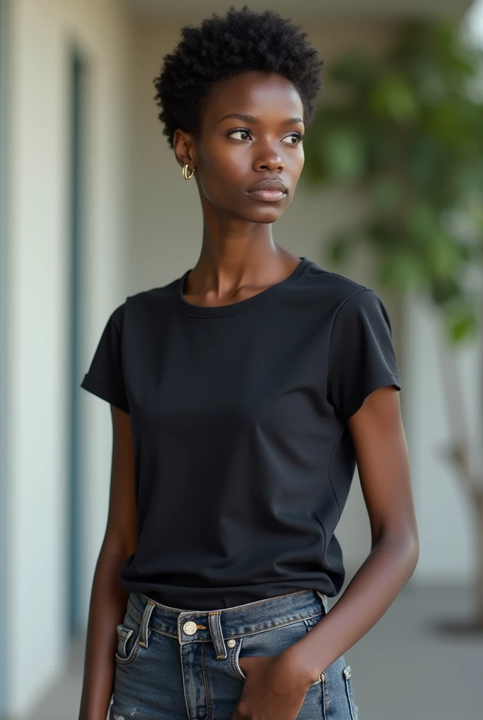 A beautiful black skin girl wearing a pretty jeans and t-shirt having a tipper hair cut around the head.
Standing at a distance 