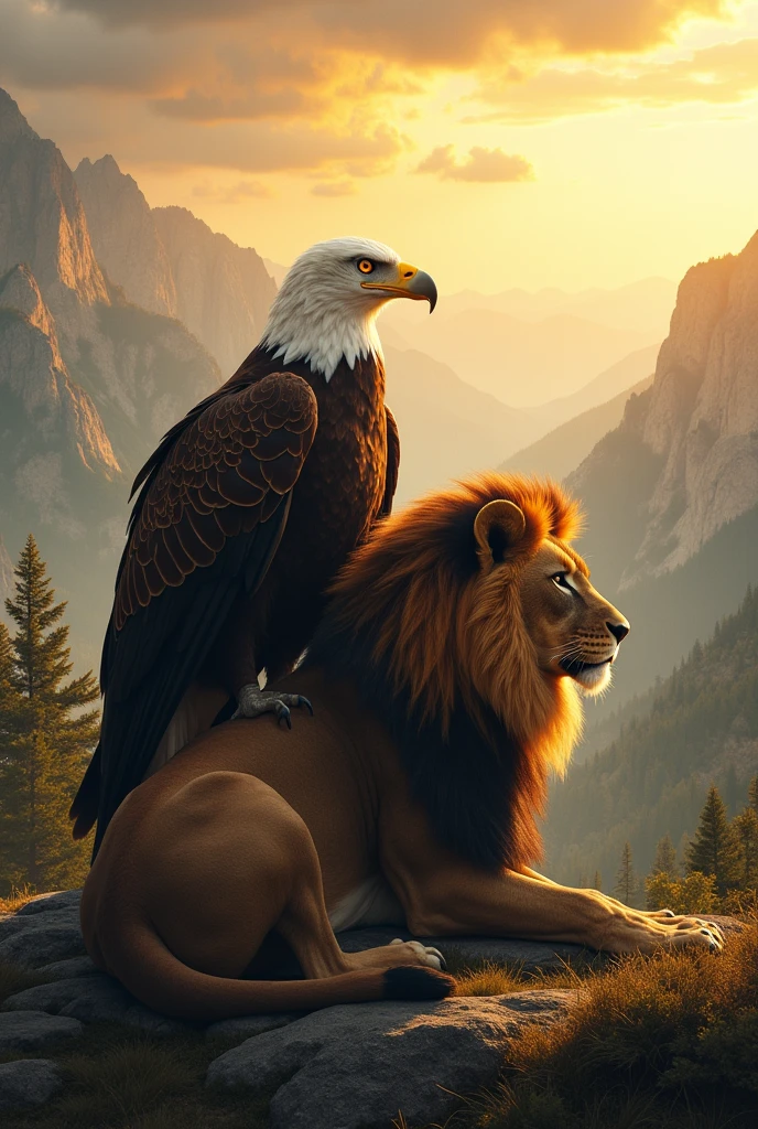 An eagle and a lion in alliance with a landscape in the background