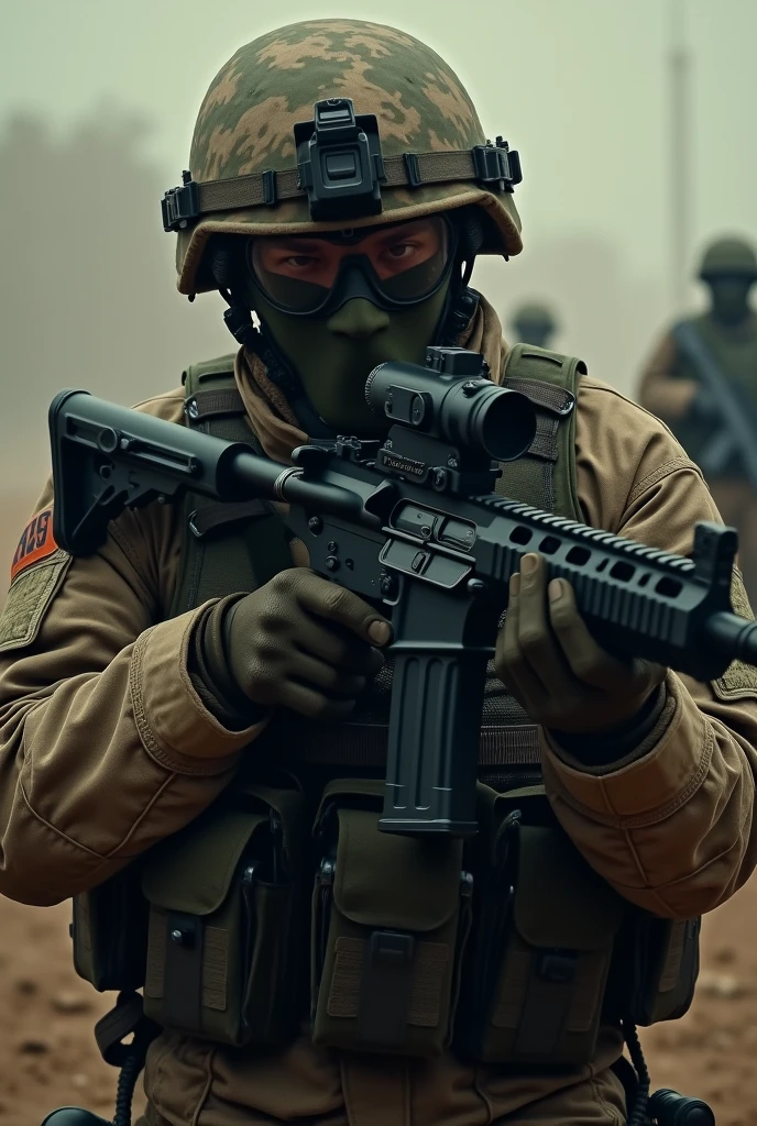 a soldier at war saving a hostage from terrorists, dramatic, realistic,