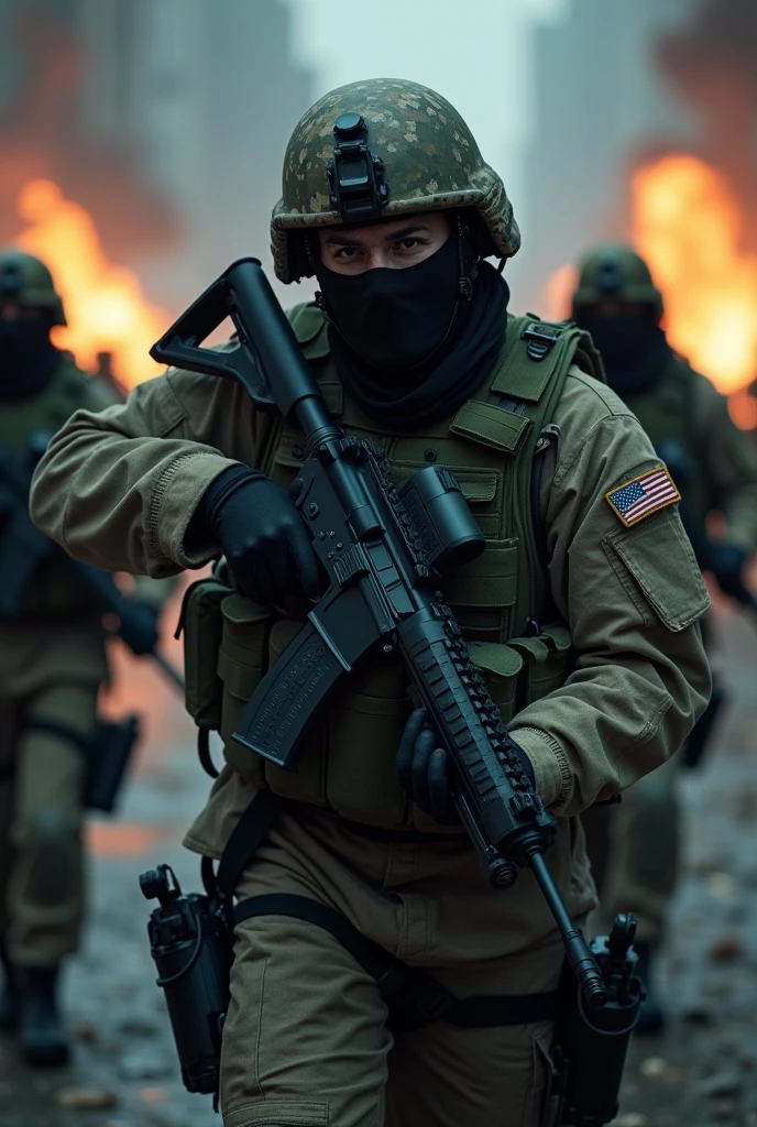 a soldier at war saving a hostage from terrorists, dramatic, realistic,