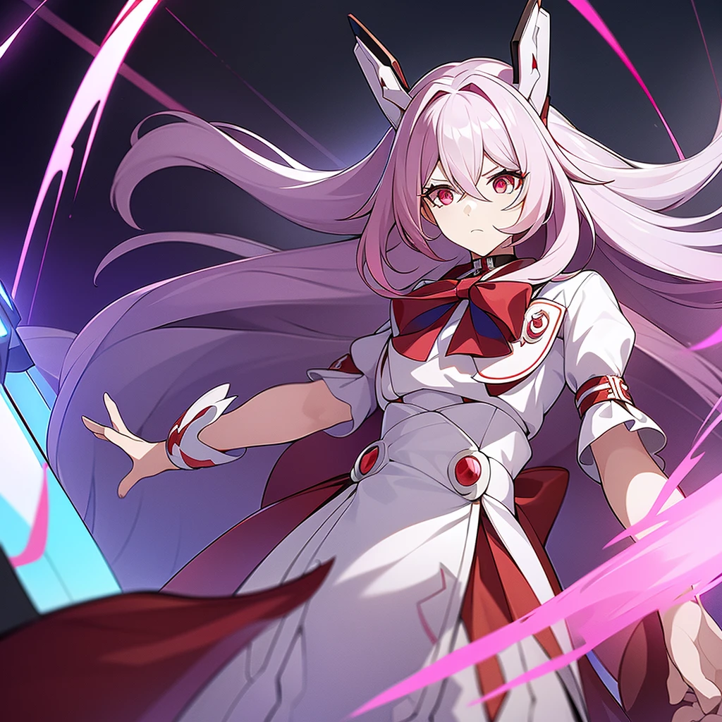 Woman with long pink hair, black eyes with red pupils. Cute white adventurer outfit with purple details and red bow ((estilo genshi impact)) White bloomers. White horns with purple and red decoration. Red spiny halo on head. Electro genshi impact vision on the waist.