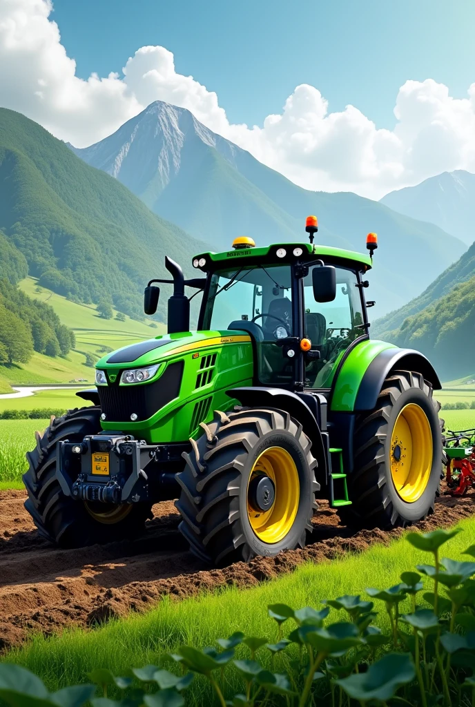 Create a green tractor, with the brand of agro inputs pineda, harping a field, with a mountain and a river in the background
