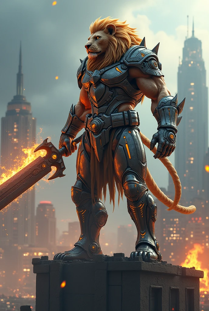 A fierce hybrid of lion and human standing still on the top of a building, wearing a heavy tech armor, carrying a large sharp flaming double edged sword