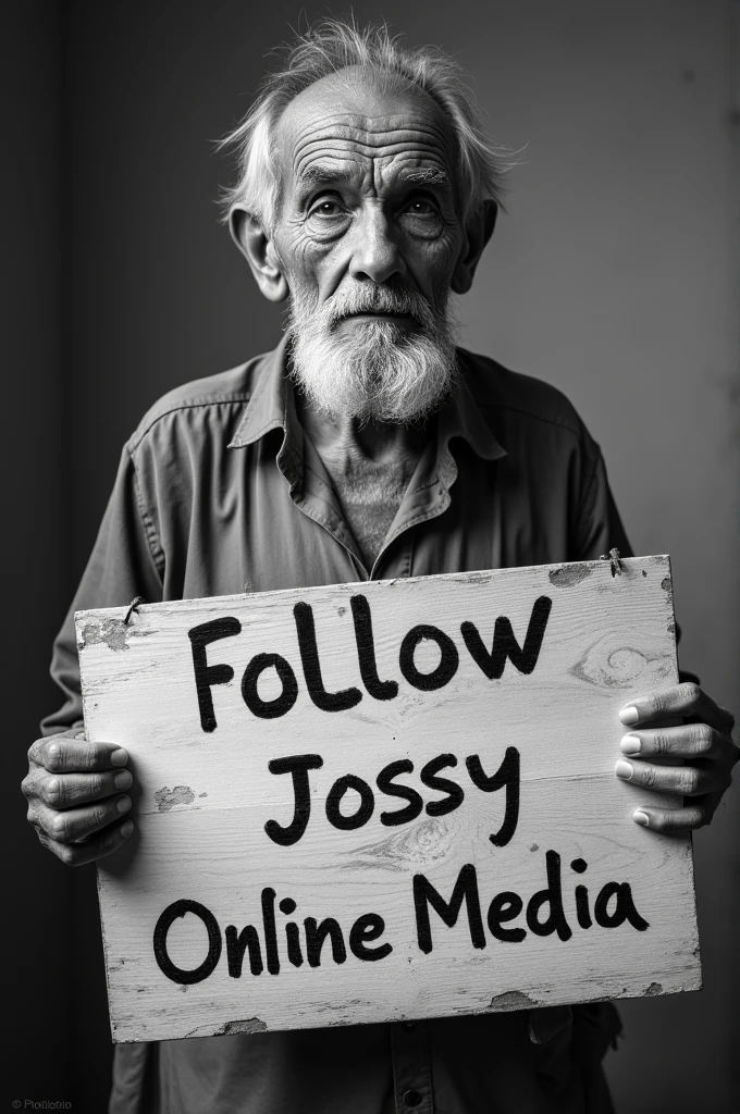 A Photo of Old Poor Man holding a Board Written Follow Jossy Online Media 