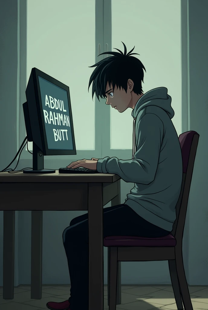 A sad handsome boy sit on a computer table
On monitor write a Abdul Rahman Butt