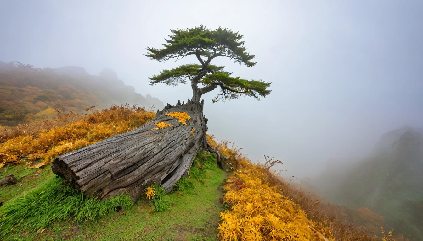 ((masterpiece, Fantasy,300kmの黄金の巨木がcliff下から生えている, An ancient tree trunk stretches up to the sky, Golden Leaf, Cloudy sky on background, hillの上から巨木を見上げるアングル)),cliff,hill, grassland, fog, A quarter of the screen is a tree trunk